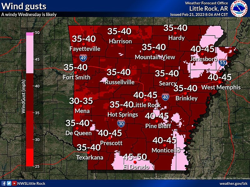 This graphic from the National Weather Service shows the maximum wind gusts forecasted around the state for Wednesday. (National Weather Service/Twitter)