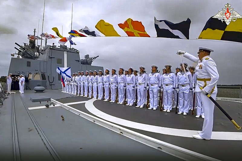 Russian military sailors stand in solemn formation onboard of the Admiral Gorshkov frigate of the Russian navy on Wednesday in Richards Bay, South Africa.
(AP/Russian Defense Ministry Press Service)