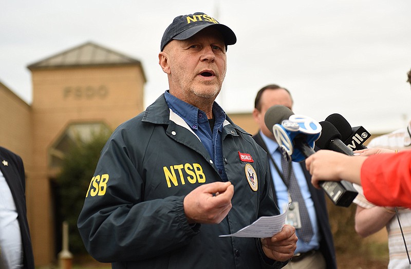 Alexander Lemishko of the National Transportation Safety Board gives a briefing Thursday at the Federal Aviation Administration office in Little Rock on a fatal plane crash. “Unfortunately, I don’t have a lot of facts to give you right now,” he said.
(Arkansas Democrat-Gazette/Staci Vandagriff)