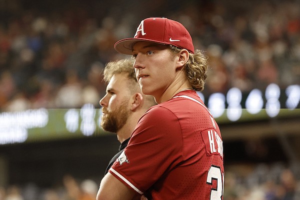 Arkansas pitcher Hagen Smith (33) is shown prior to a game against Texas on Friday, Feb. 17, 2023, in Arlington, Texas.