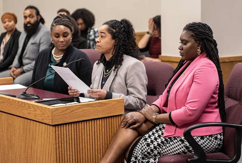 Democratic Reps. Raychel Proudie of Ferguson, Ashley Bland Manlove of Kansas City and LakeySha Bosley of St. Louis present legislation that would bar hair discrimination to a Missouri House committee Tuesday, Feb. 21, 2023. (Annelise Hanshaw/Missouri Independent photo)