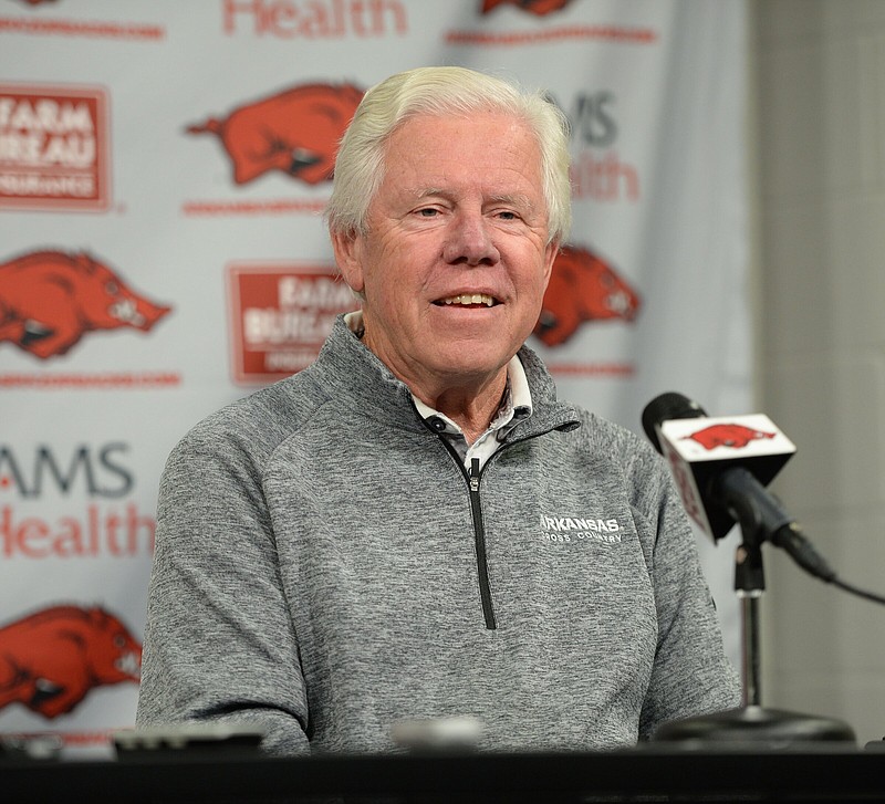 Lance Harter, head Arkansas women's cross country and track and field coach, speaks Tuesday, Nov. 2, 2021, during a press conference to announce his retirement in 2023 and the elevation of associate head coach Chris Johnson to head coach after Harter's retirement at the Broyles Athletics Center in Fayetteville. 
(NWA Democrat-Gazette/Andy Shupe)