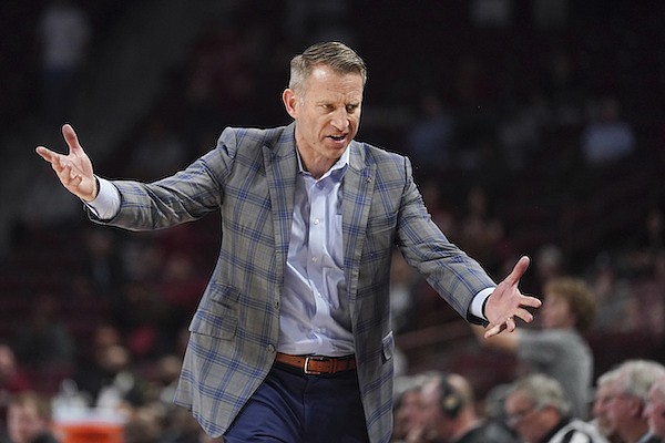 Alabama coach Nate Oats reacts to play during overtime in the team's NCAA college basketball game against South Carolina on Wednesday, Feb. 22, 2022, in Columbia, S.C. Alabama won 78-76. (AP Photo/Sean Rayford)