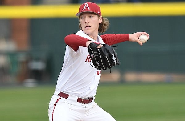 Arkansas starter Hagen Smith delivers to the plate Friday, Feb. 24, 2023, during the fifth inning of the Razorbacks’ 13-2 win over Eastern Illinois at Baum-Walker Stadium in Fayetteville.