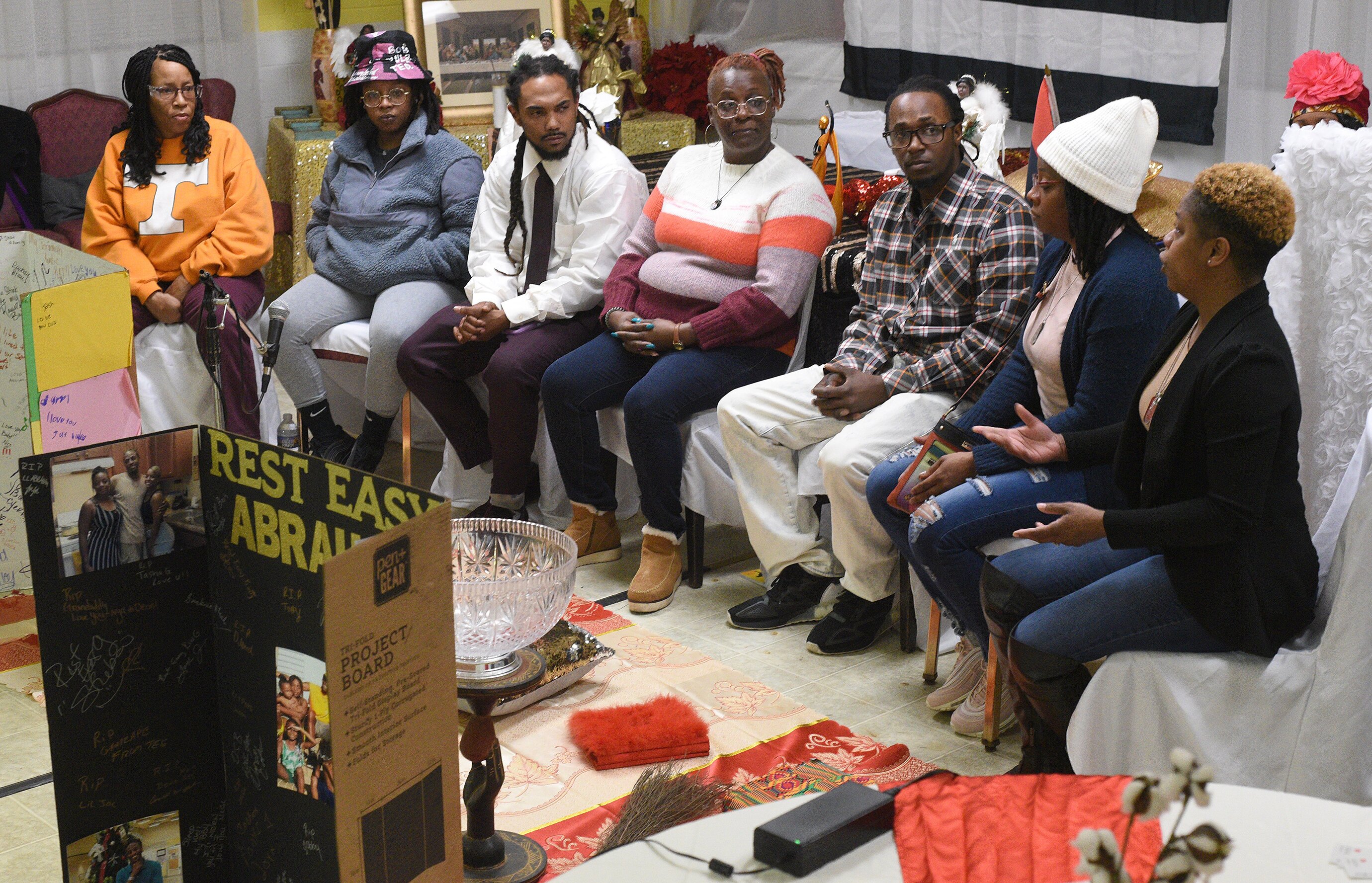Staff photo by Matt Hamilton / From left, Rachel Meadows, LaSha Rockymore, Kenneth Fuller, Chrystal Brown, Devonte Brown, Ashley Jackson and Marshon Grissom participate in a meeting at Eastdale Village Community United Methodist Church on Friday, January 13, 2023.
