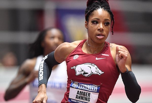 Arkansas’ Amber Anning competes Friday, Feb. 24, 2023, in a heat of the 400 meters on the first day of the Southeastern Conference Indoor Track and Field Championships in the Randal Tyson Track Center in Fayetteville.