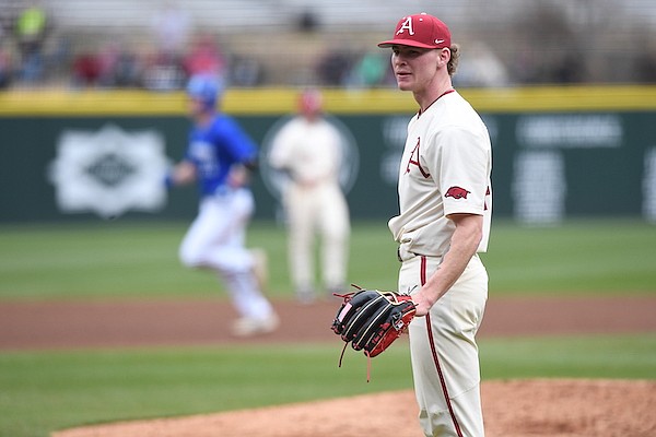 Arkansas pitcher Cody Adcock is shown after giving up a home run during a game against Eastern Illinois on Sunday, Feb. 26, 2023, in Fayetteville.