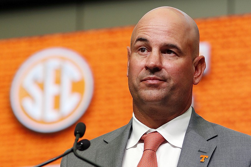 AP photo by John Bazemore / Jeremy Pruitt, the University of Tennessee's football coach at the time, speaks during Southeastern Conference Media Days in Atlanta on July 18, 2018.