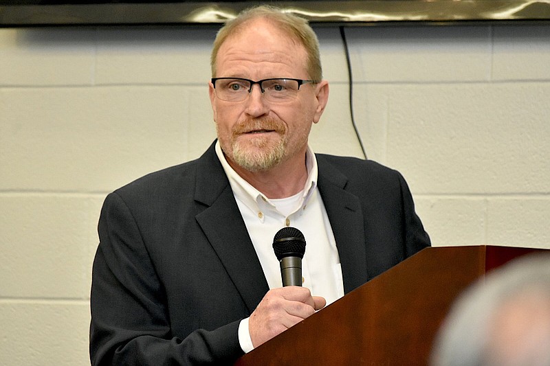 Andrew Curry, director of governmental affairs with Central Moloney Inc. and former Watson Chapel School District superintendent, promotes welding education to Pine Bluff School District board members Monday night. (Pine Bluff Commercial/I.C. Murrell)