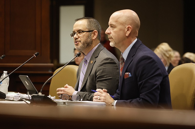 Rep. Keith Brooks presenting the Arkansas LEARNS Act during House Budget Committee on Tuesday, Feb. 28, 2023, at the state Capitol in Little Rock. (Arkansas Democrat-Gazette/Tommy Metthe)