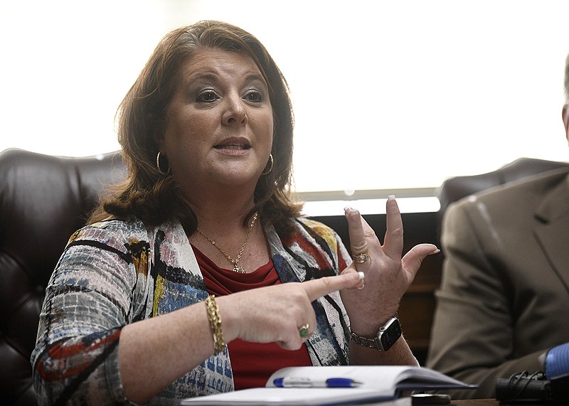 Carol Fleming, President of the Arkansas Education Association, discusses concerns with Senate Bill 294, also knows as the LEARNS act, during a press conference at the Arkansas Education Association building in Little Rock on Monday, Feb. 27, 2023...(Arkansas Democrat-Gazette/Stephen Swofford)