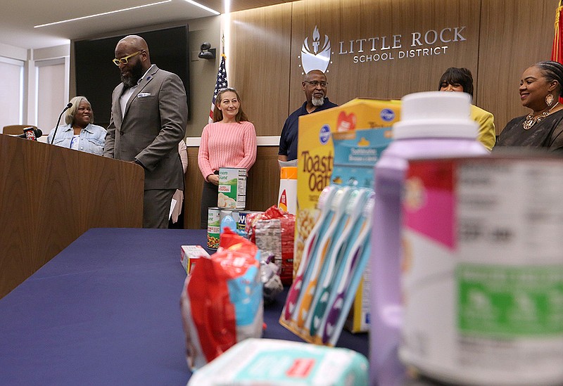 Little Rock School superintendent Jermall Wright talks about LRSD'd "Stock the Rock The Wright Way" campaign to stock LRSD school pantries during a press conference on Wednesday, March 1, 2023, in Little Rock. The one day event takes place on March 15 from noon-1p.m. A list of schools and items needed is available on the LRSD website. (www.lrsd.org/STRWrightWay).(Arkansas Democrat-Gazette/Thomas Metthe)