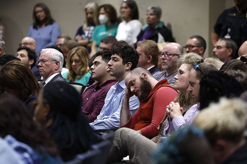 An overflow crowd listens to questions from committee members as the Arkansas LEARNS bill is presented during the House Education Committee meeting on Tuesday, Feb. 28, 2023, at the state Capitol in Little Rock..More photos at www.arkansasonline.com/31lege/.(Arkansas Democrat-Gazette/Thomas Metthe)