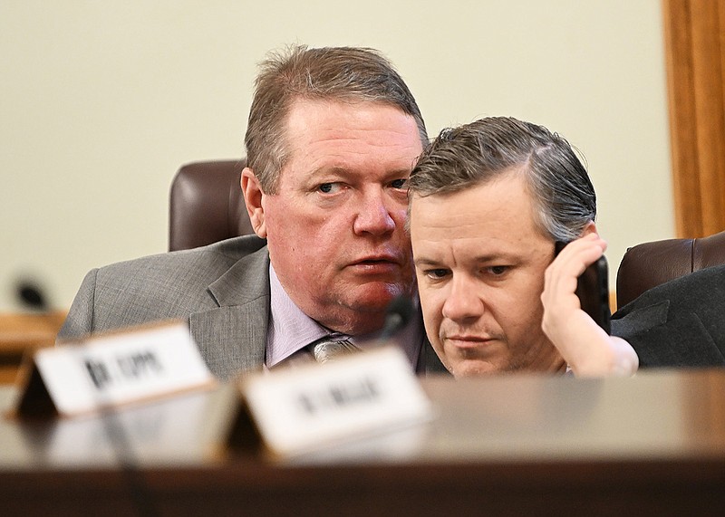 Sen. Bryan King (left), R-Green Forest, whispers to Sen. Scott Flippo, R-Mountain Home, during the Senate Committee on Public Health, Welfare and Labor hearing Wednesday at the state Capitol in Little Rock.
(Arkansas Democrat-Gazette/Staci Vandagriff)