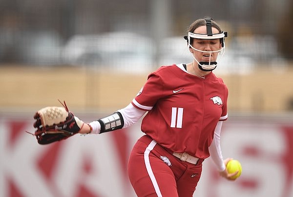 Arkansas starter Robyn Herron delivers a pitch Thursday, March 2, 2023, during the second inning of the Razorbacks’ 4-0 win over Iowa State at Bogle Park in Fayetteville. Herron threw a one-hit shutout in the win.