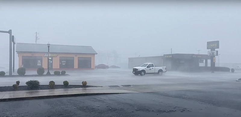 This screenshot from video shot by Times Free Press sports editor Stephen Hargis shows heavy rains moving through Marion County, Tennessee, on Friday, March 3, 2023.