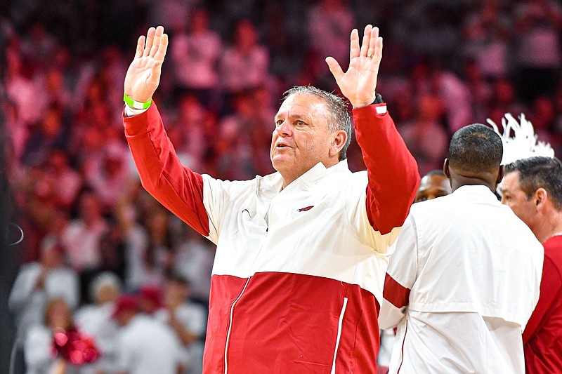 Arkansas football coach Sam Pittman calls the hogs after he and his staff are recognized on Saturday, March 4, 2023, during the first half of the Razorbacks’ 88-79 loss to the Kentucky Wildcats at Bud Walton Arena in Fayetteville.