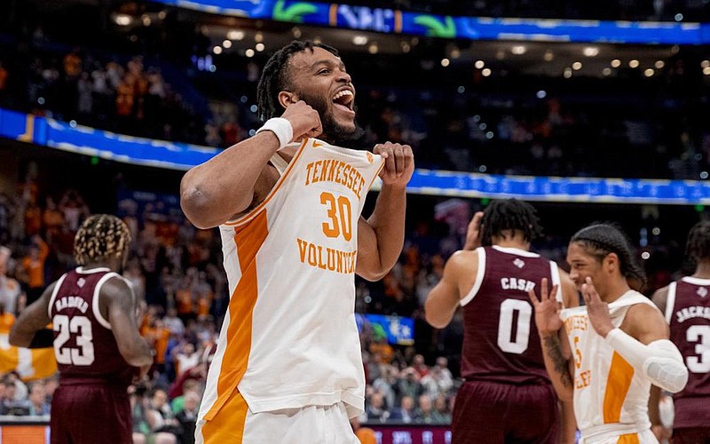 Tennessee Athletics photo by Andrew Ferguson / Tennessee guard Josiah-Jordan James celebrates after a 65-50 win over Texas A&M last March in Tampa that clinched the first Southeastern Conference tournament title for the Volunteers since 1979.