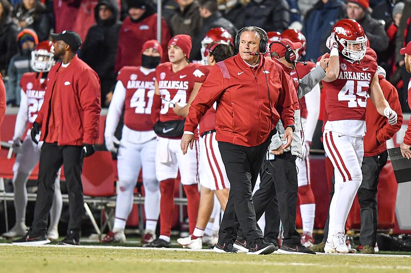 Coach Sam Pittman and the Arkansas football team are scheduled to begin spring drills today, coming off a 7-6 season with several new players and assistant coaches.
(NWA Democrat-Gazette/Hank Layton)