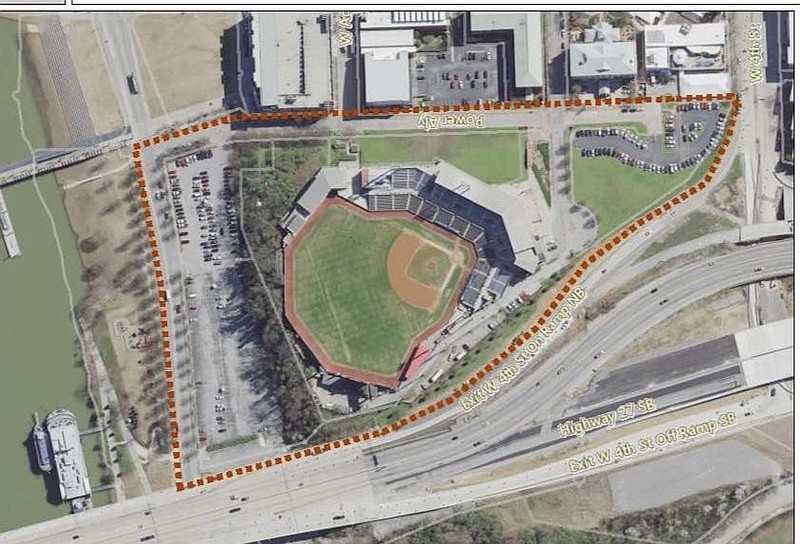 Contributed Photo / An aerial view shows the current Chattanooga Lookouts stadium on Hawk Hill between Highway 27 and Chestnut Street on the site of what was once Kirkman Technical High School. River City Co., which will soon reclaim the 13-acre site after the Lookouts relocate their stadium, is seeking public input into how to best reuse the downtown property.