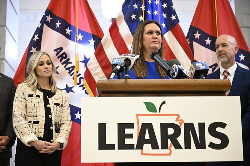 Gov. Sarah Huckabee Sanders' speaks at her signing of the Arkansas LEARNS Act at the state Capitol on Wednesday, March 8, 2023. On her right is state Secretary of the Department of Education Jacob Oliva, who also spoke at the signing. (Arkansas Democrat-Gazette/Stephen Swofford)