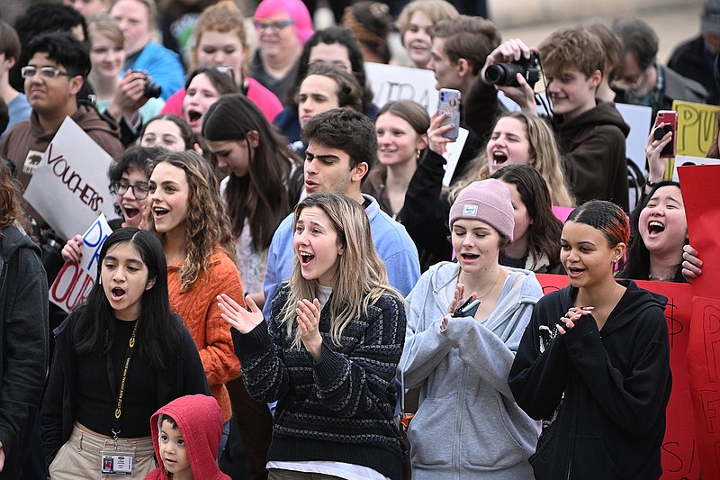 Little Rock Central High School students gather Wednesday on the steps of the state Capitol to protest the education overhaul law.
(Arkansas Democrat-Gazette/Staci Vandagriff)