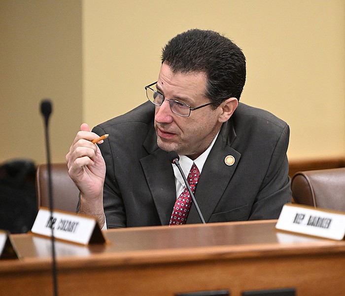 Rep. Stephen Meeks, R-Greenbrier, asks a question regarding House Bill 1468, which would restrict which pronouns teachers can use when addressing students, during the House Education Committee meeting at the state Capitol in Little Rock on Thursday.
(Arkansas Democrat-Gazette/Staci Vandagriff)