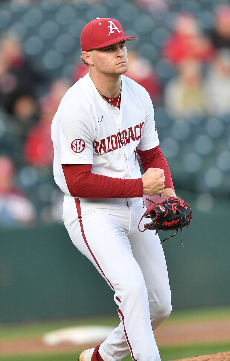 Arkansas reliever Dylan Carter celebrates after getting the third out in the top of the eighth inning of the Razorbacks’ 7-4 victory over Louisiana Tech on Friday at Baum-Walker Stadium in Fayetteville. Carter pitched the final three innings to earn his first career save. More photos at arkansasonline.com/311uabaseball/
(NWA Democrat-Gazette/Andy Shupe)