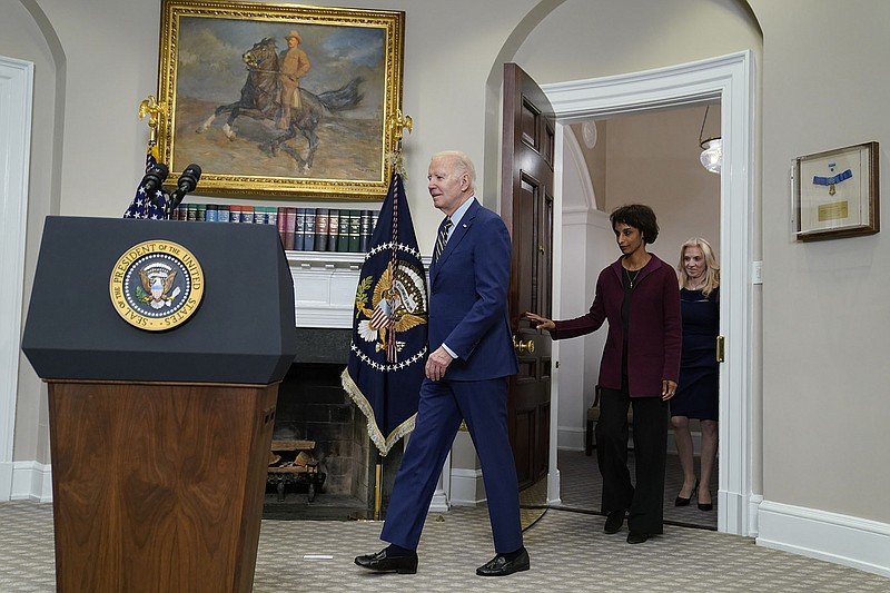 President Joe Biden arrives Friday at the Roosevelt Room at the White House with economic advisers Cecilia Rouse (second from left) and Lael Brainard to speak about the February jobs report. “We’ve created more jobs in two years than any administration has created in the first four years,” Biden said. “It means our economic plan is working.”
(AP/Evan Vucci)