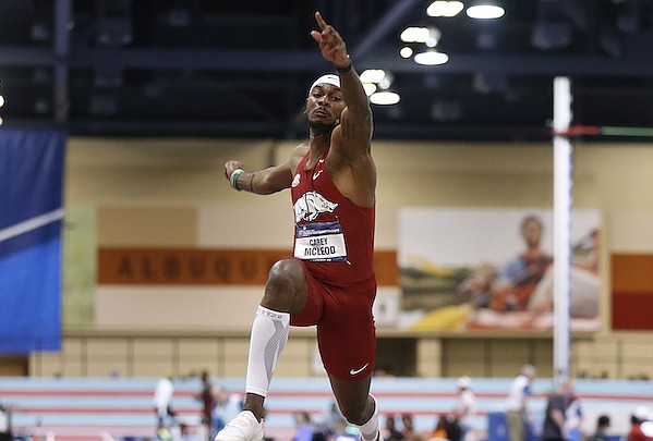 Arkansas' Carey McLeod competes in the long jump during the NCAA Indoor Track and Field Championships on Friday, March 10, 2023, in Albuquerque, N.M.