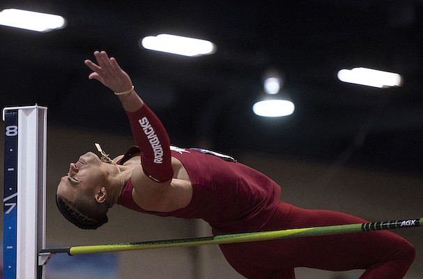 Ayden Owens-Delerme, a junior at the University of Arkansas, places sixth in the men's heptathlon high jump finals during the NCAA college Indoor Track and Field Championships in Albuquerque, N.M. Friday, March 10, 2023. (Chancey Bush/The Albuquerque Journal via AP)