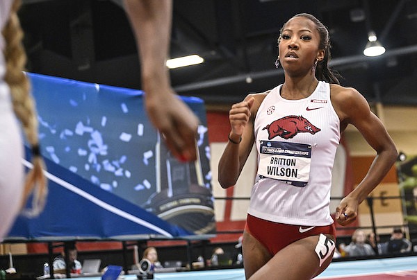 Arkansas Britton Wilson runs on her way to winning the 400-meter dash at the NCAA Indoor Track & Field Championships in Albuquerque, N.M., Saturday, March 11, 2023. (Roberto E. Rosales/The Albuquerque Journal via AP)