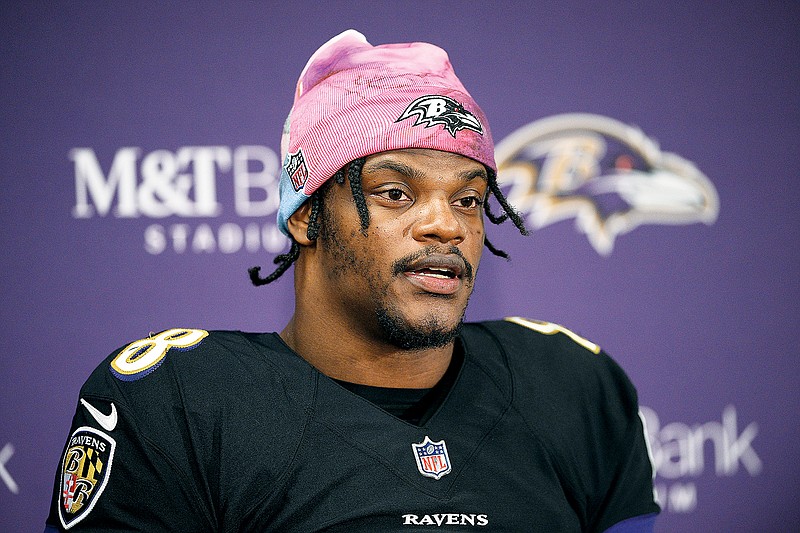 In this Oct. 9, 2022, file photo, Ravens quarterback Lamar Jackson speaks to the media at a press conference after a game against the Bengals in Baltimore. (Associated Press)