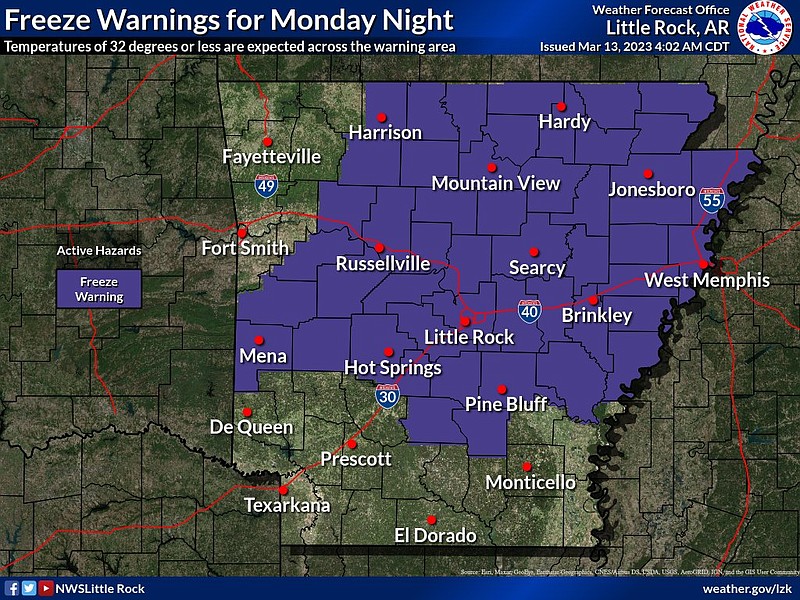 This graphic from the National Weather Service highlights portions of the state that have been issued a freeze warning for Monday night. (National Weather Service/Twitter)