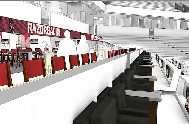 A rendering shown to University of Arkansas trustees Tuesday depicts what loge boxes might look like inside Bud Walton Arena following a renovation. (Courtesy Arkansas Razorbacks)