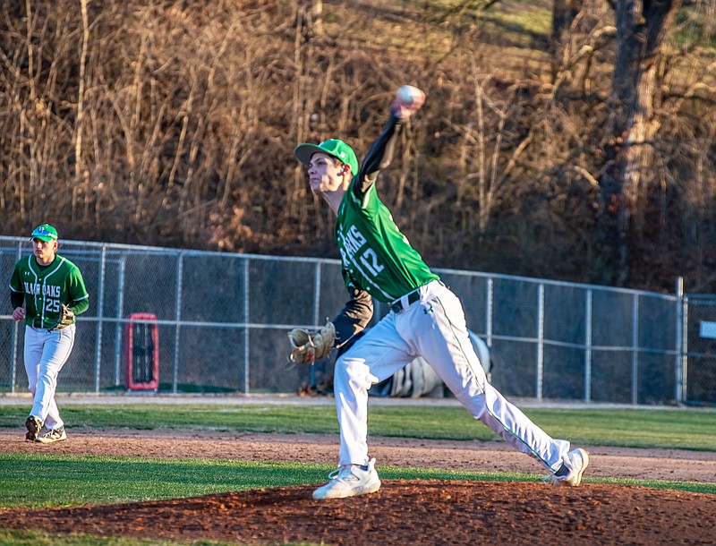 Cody Pickett of Blair Oaks throws to the plate during Jamboree action Tuesday against Jefferson City at Vivion Field. (Ken Barnes/News Tribune)