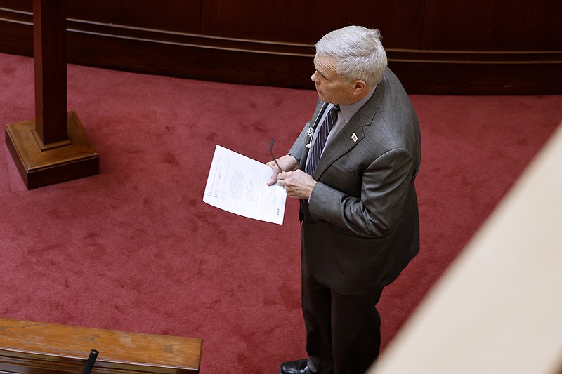 Sen. Dan Sullivan, R-Jonesboro, waits to close on HB1156, which requires students to use a bathroom that based on the sex they were assigned at birth, during the Senate session on Monday, March 13, 2023, at the state Capitol in Little Rock. .(Arkansas Democrat-Gazette/Thomas Metthe)