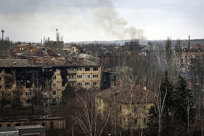 Smoke can be seen above the town of Bakhmut, the site of the heaviest battles with the Russian troops, in the Donetsk region of Ukraine on Wednesday.
(AP/Roman Chop)