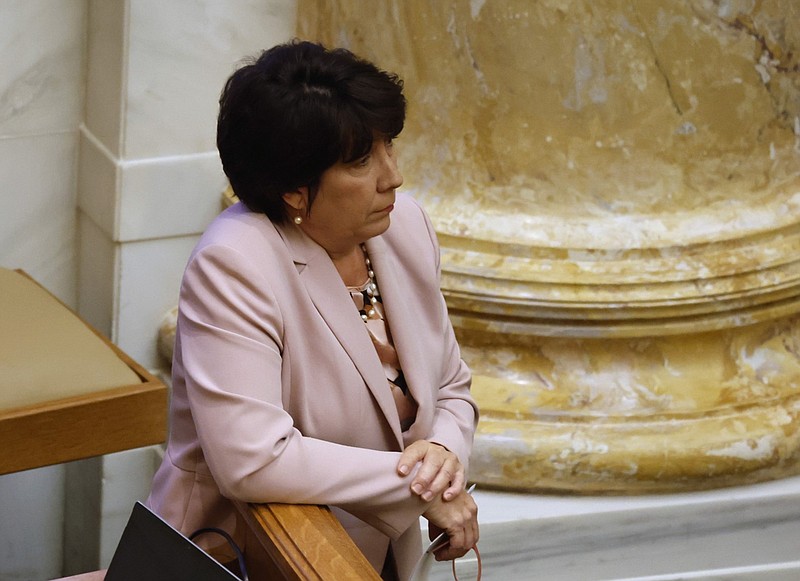 Arkansas state Rep. Mary Bentley, R-Perryville, listens to debate during a House session at the state Capitol in Little Rock in this Feb. 6, 2023 file photo. (Arkansas Democrat-Gazette/Thomas Metthe)