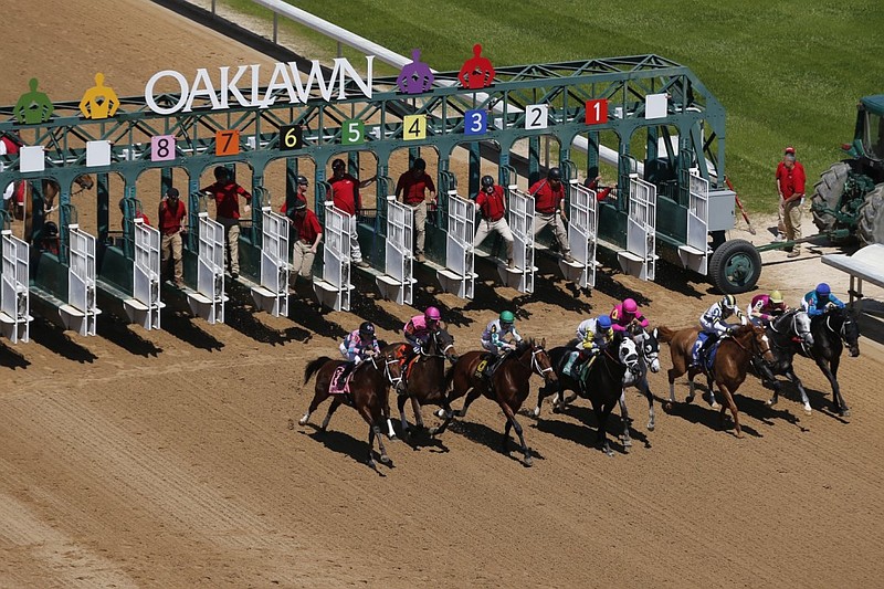 Horses take off out of the starting gate at Oaklawn in Hot Springs in this April 2, 2022 file photo. (Arkansas Democrat-Gazette/Thomas Metthe)