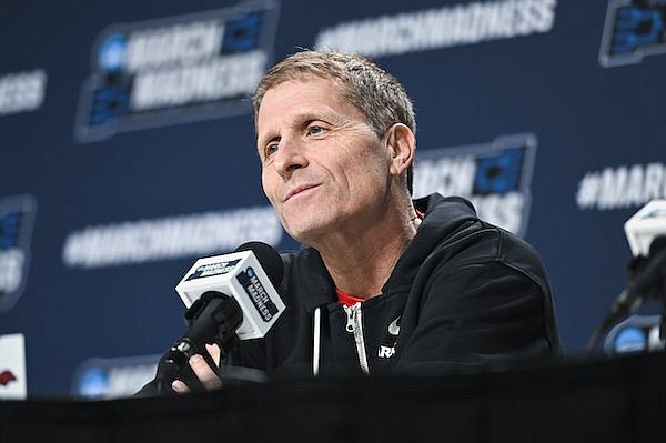Arkansas head coach Eric Musselman takes questions from reporters, Wednesday, March 15, 2023 during a press conference before the start of the NCAA Division I Basketball Championship First Round game at the Wells Fargo Arena in Des Moines, Iowa.