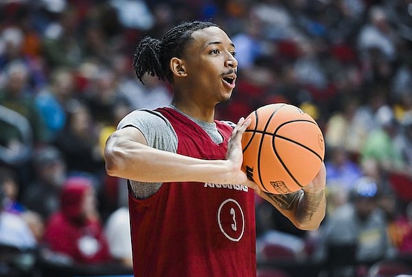 Arkansas guard Nick Smith Jr. (3) warms up, Wednesday, March 15, 2023 during a practice before the start of the NCAA Basketball Championship first-round game at the Wells Fargo Arena in Des Moines, Iowa.