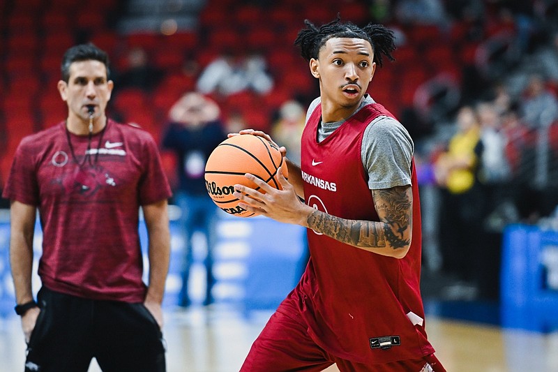 Arkansas guard Nick Smith Jr. (3) practices, Wednesday, March 15, 2023 during a practice before the start of the NCAA Division I Basketball Championship First Round game at the Wells Fargo Arena in Des Moines, Iowa. Visit nwaonline.com/photos for today's photo gallery.