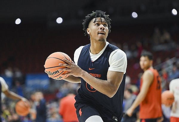 Illinois guard Terrence Shannon Jr. (0) practices, Wednesday, March 15, 2023 during a practice before the start of the NCAA Basketball Championship first-round game at the Wells Fargo Arena in Des Moines, Iowa.