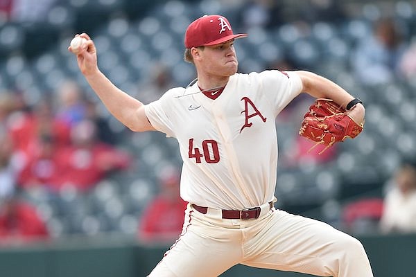 Arkansas starter Ben Bybee delivers a pitch Wednesday, March 15, 2023, during the first inning of the Razorbacks’ 5-2 win over UNLV at Baum-Walker Stadium in Fayetteville.