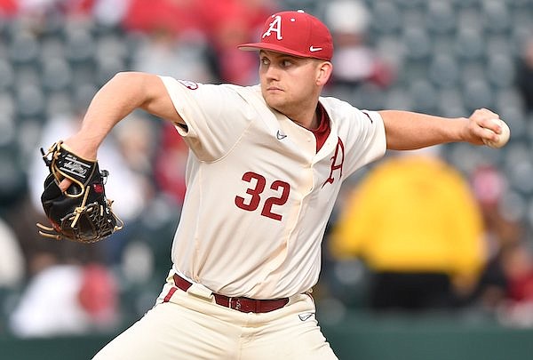 Arkansas reliever Zack Morris delivers a pitch Wednesday, March 15, 2023, during the seventh inning of the Razorbacks’ 5-2 win over UNLV at Baum-Walker Stadium in Fayetteville.