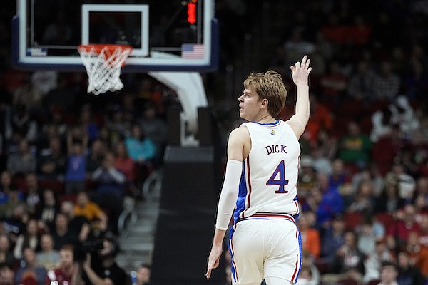 Kansas guard Gradey Dick reacts after a teammate's 3-point basket in the second half of a first-round college basketball game against Howard in the NCAA Tournament, Thursday, March 16, 2023, in Des Moines, Iowa. (AP Photo/Charlie Neibergall)