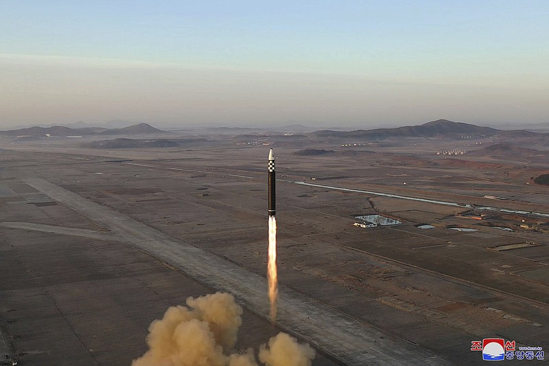 This photo provided by the North Korean government shows what it says is an intercontinental ballistic missile in a launching drill at the Sunan international airport in Pyongyang, North Korea, Thursday, March 16, 2023. Independent journalists were not given access to cover the event depicted in this image distributed by the North Korean government. The content of this image is as provided and cannot be independently verified. Korean language watermark on image as provided by source reads: "KCNA" which is the abbreviation for Korean Central News Agency. (Korean Central News Agency/Korea News Service via AP)