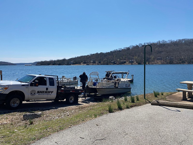 The Benton County Sheriff's Office conducting its search Friday, March 17, 2023 for missing kayakers at Beaver Lake. (NWA Democrat-Gazette/TRACY NEAL)