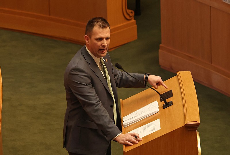 Rep. R.J. Hawk, R-Bryant, speaks on the floor of the House of Representatives at the Arkansas state Capitol in this March 14, 2023 file photo. (Arkansas Democrat-Gazette/Colin Murphey)